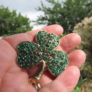 Vintage Gold Plated Green Rhinestone Clover Brooch